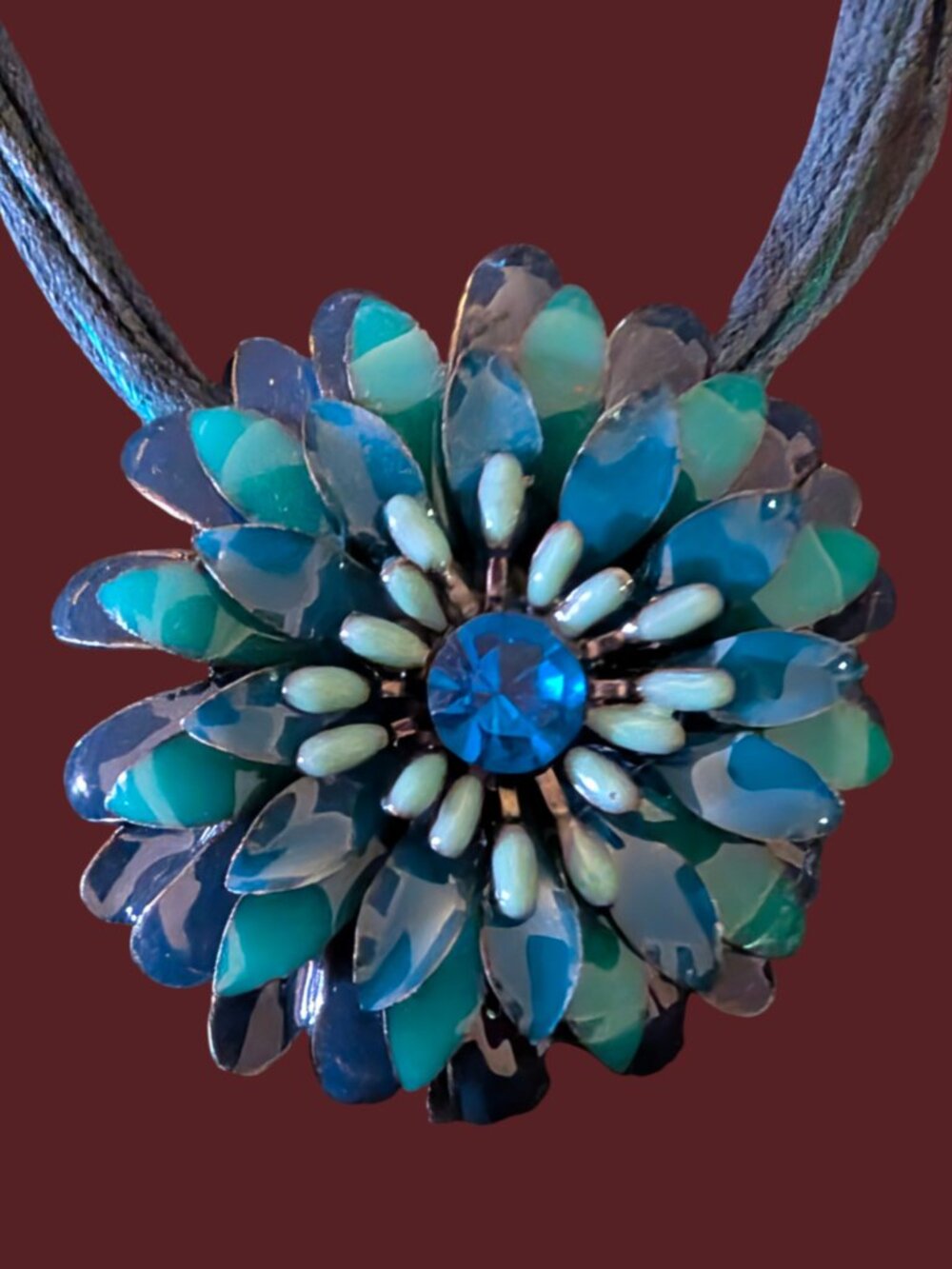 Vintage Enamel Blue Rhinestone Flower Pendant 1.85" Multi Strand 16.5" Necklace